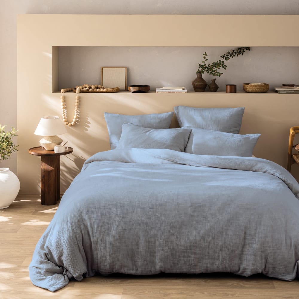 Parure de lit unie en coton bleu horizon 260x240+2x65x65cm