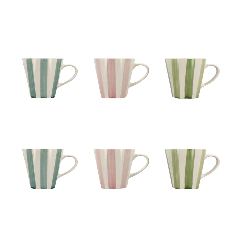 Lot de 6 tasses 20cl en grès blanc et rayures colorées Lot de 6 tasses 20cl en grès blanc et rayures colorées
