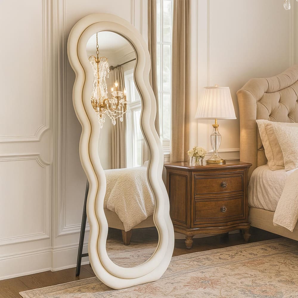 Miroir en pied décoratif design ondulé 70x170cm velours crème