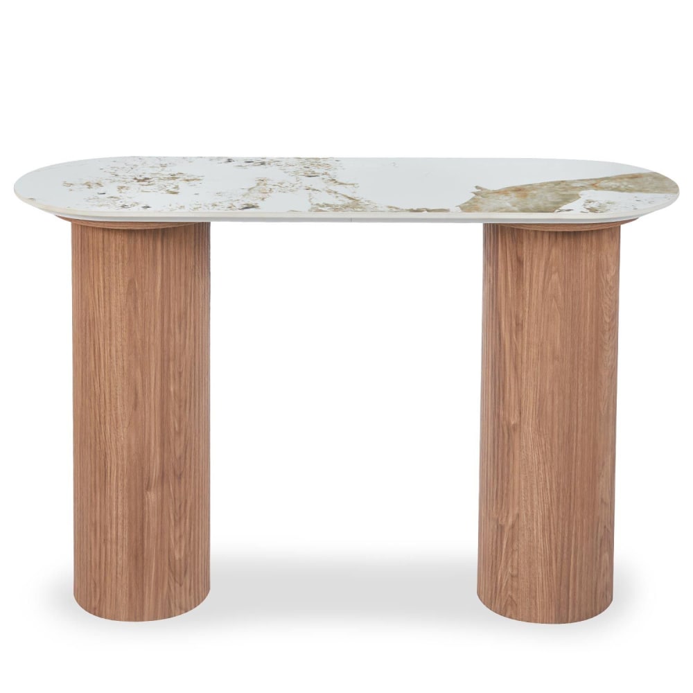 Console moderne pieds colonnes 40x120cm bois et céramique effet marbre