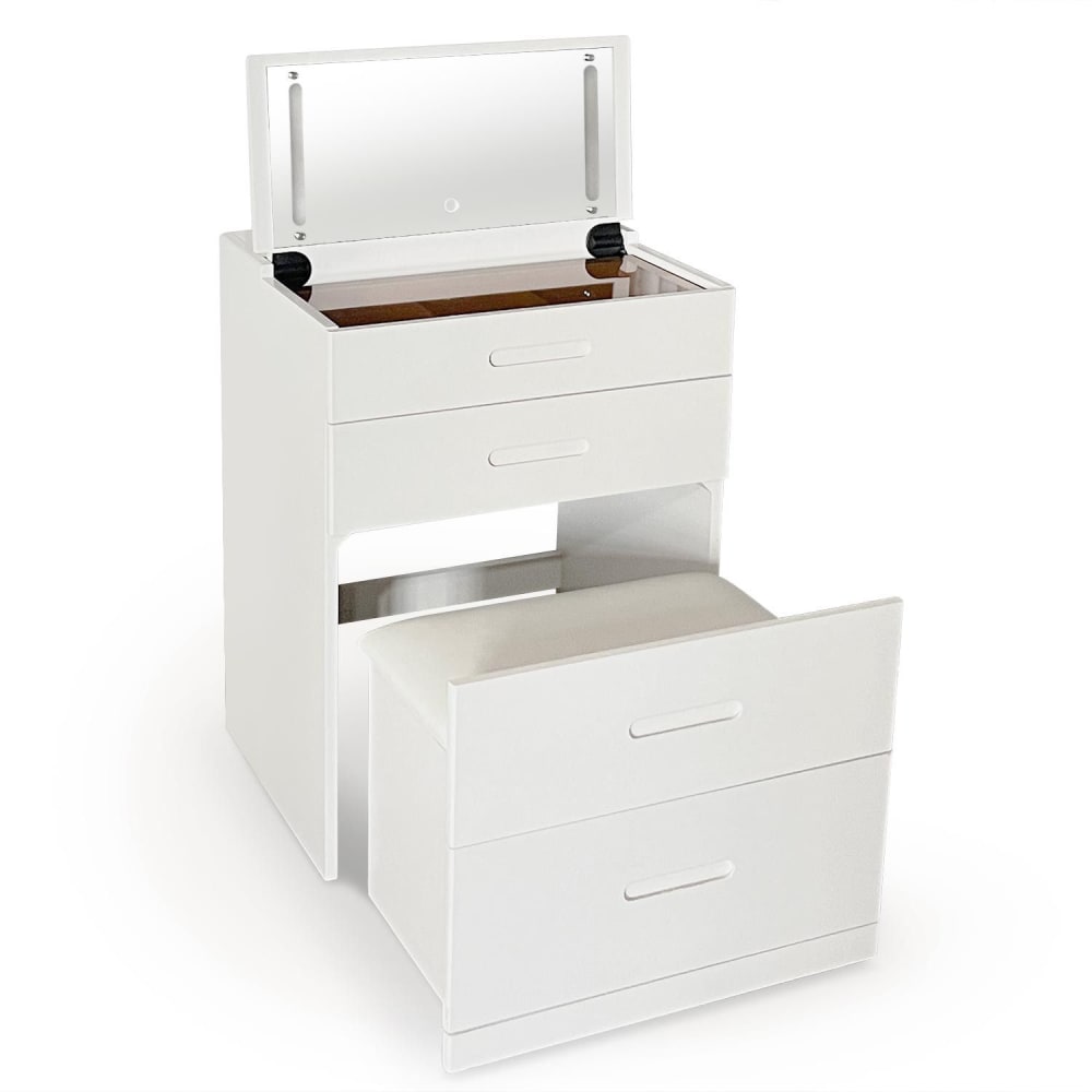 Coiffeuse compacte 60cm avec miroir led, tiroir et pouf intégré xl