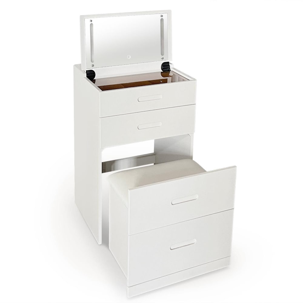 Coiffeuse compacte 48cm avec miroir led, tiroir et pouf intégré blanc