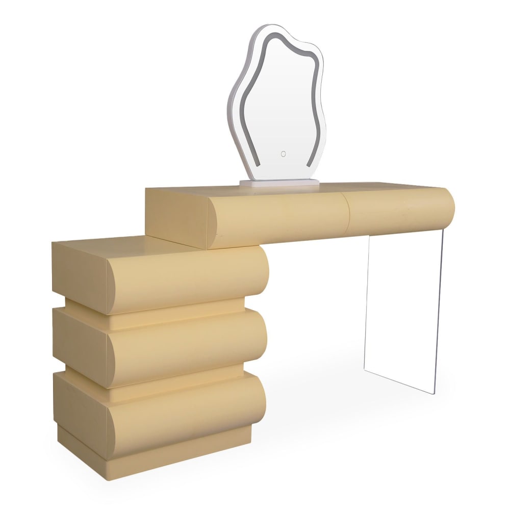 Coiffeuse avec 5 tiroirs arrondis et miroir design l102cm beige