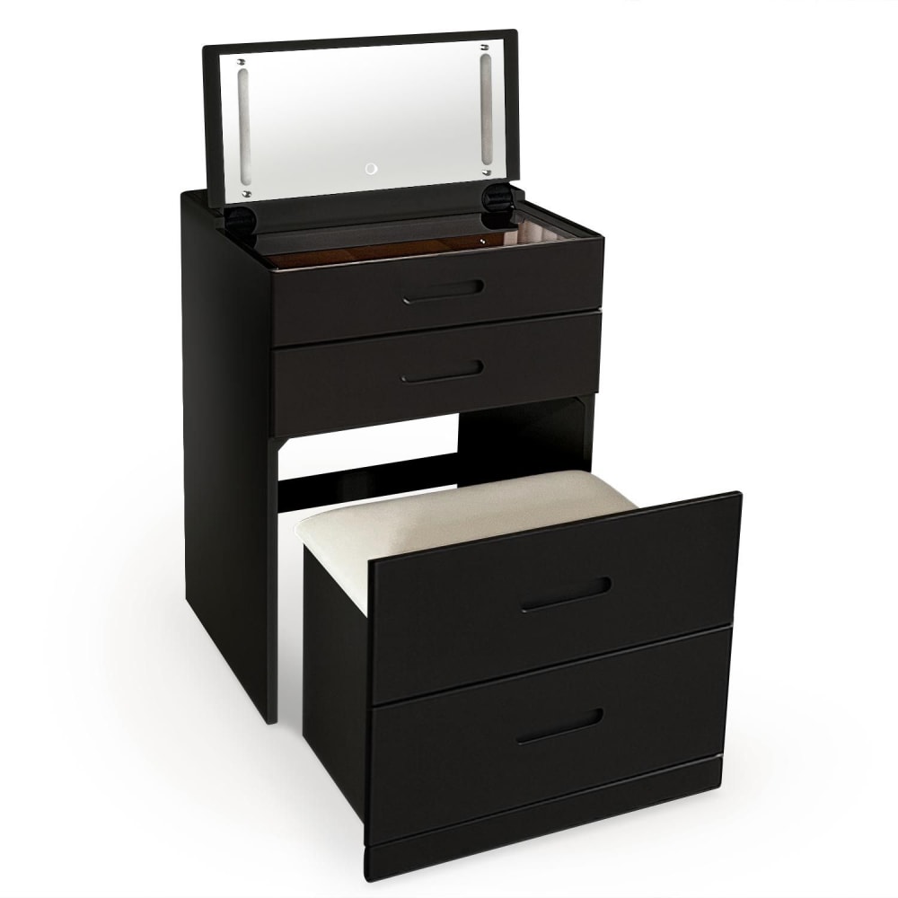 Coiffeuse compacte 60cm avec miroir led, tiroir et pouf intégré xl