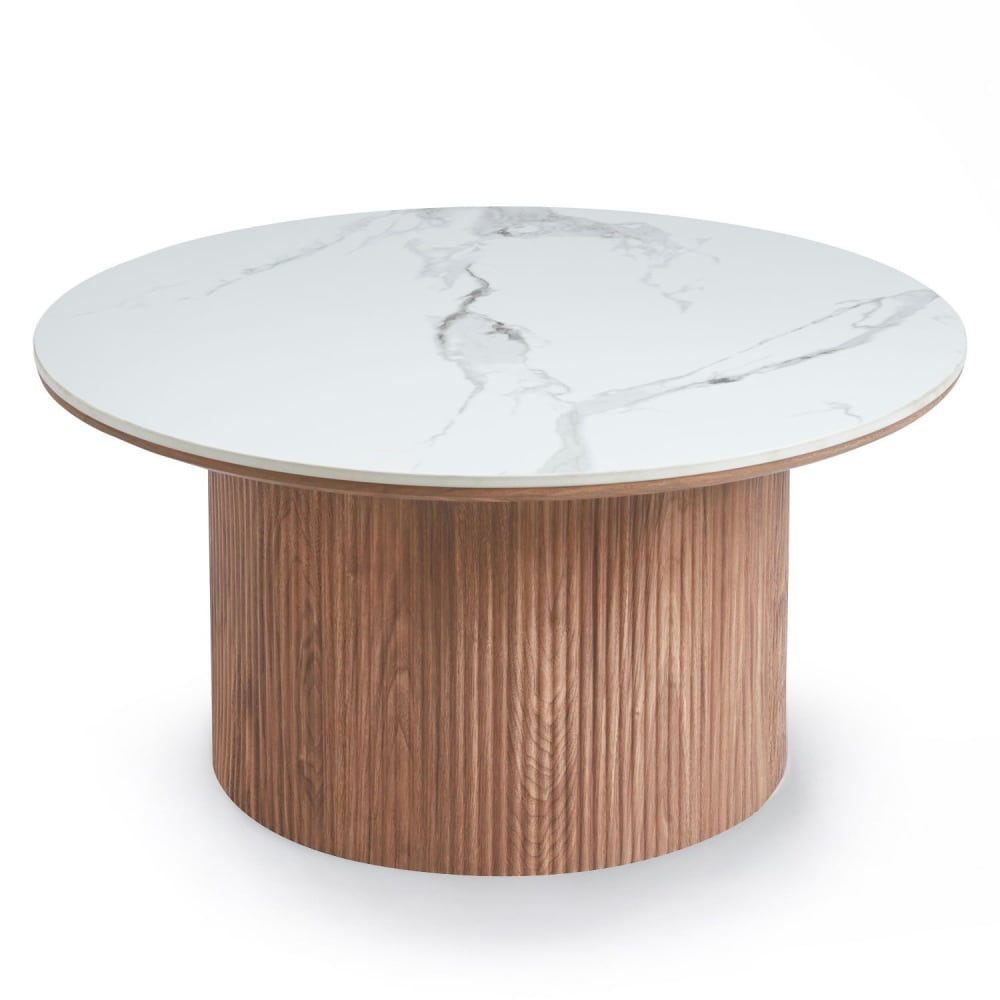 Table basse moderne ronde 80cm bois et céramique effet marbre blanc