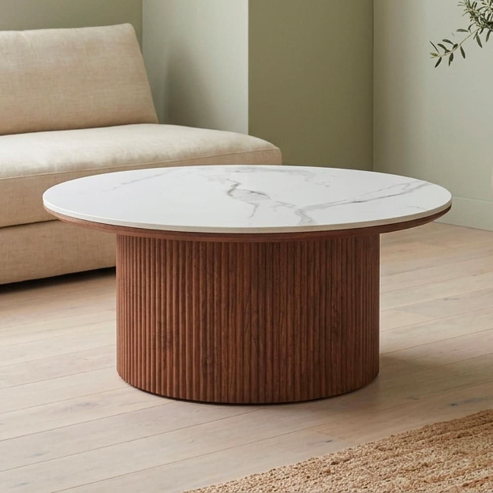 Table basse moderne ronde 80cm bois et céramique effet marbre blanc