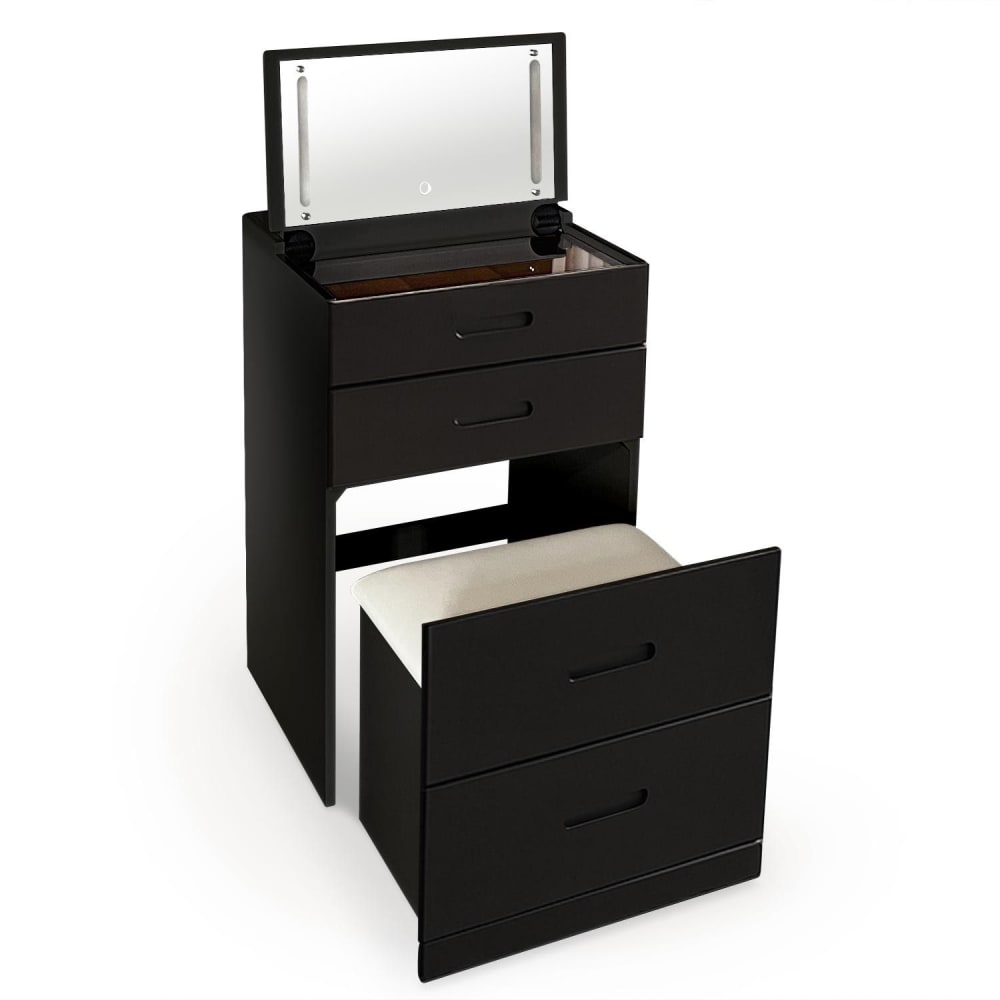Coiffeuse compacte 48cm avec miroir led, tiroir et pouf intégré noir