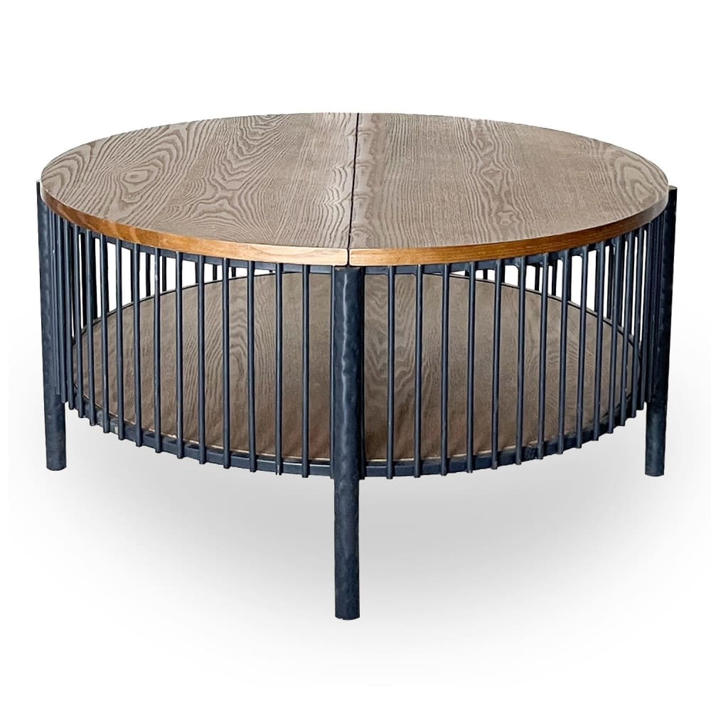 Table basse ronde avec rangement l84cm bois et métal mareté noir