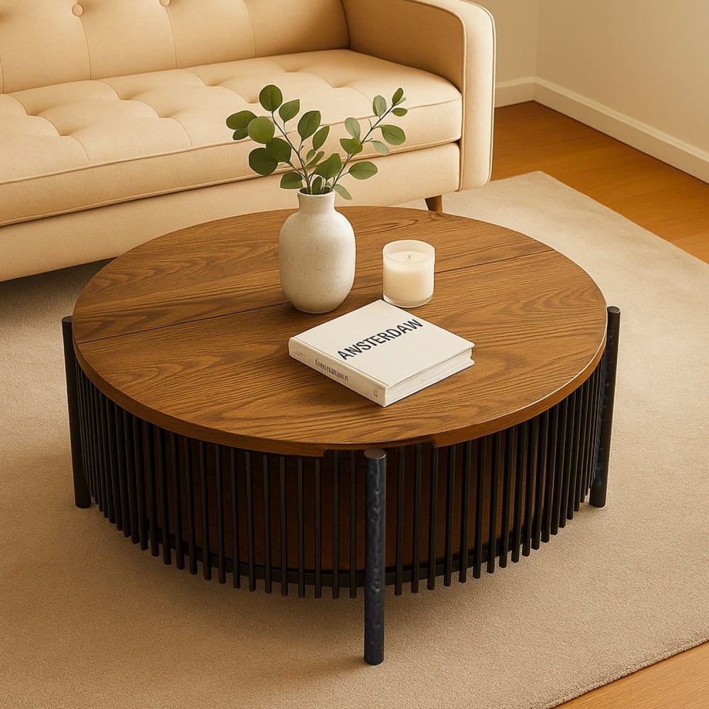 Runder Couchtisch mit Stauraum L84cm Curcuma Holz und Metall