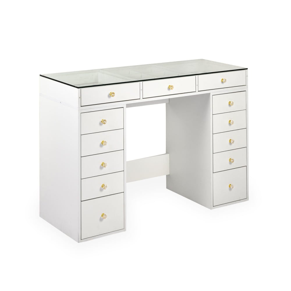 Coiffeuse moderne avec 13 tiroirs et plateau en verre transparent