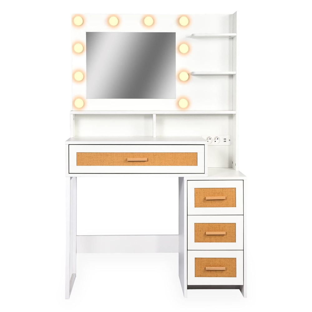 Coiffeuse 4 tiroirs et miroir led 3 couleurs l92cm bois blanc et rotin