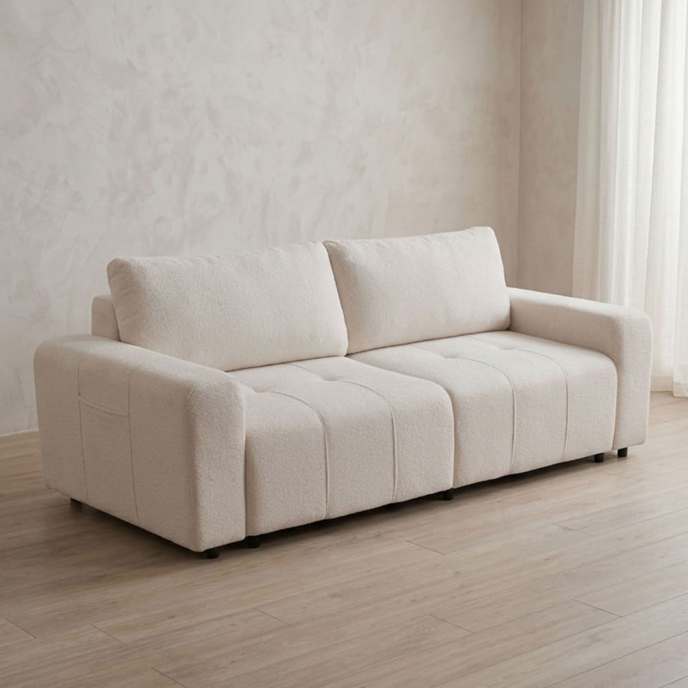 Canapé convertible 3 places tissu bouclette crème