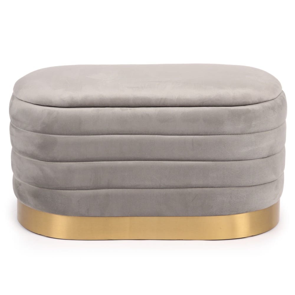 Banquette-coffre moderne matelassée avec base dorée velours gris clair