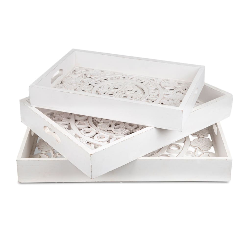 Lot de 3 plateaux style oriental en bois avec moulures blanc
