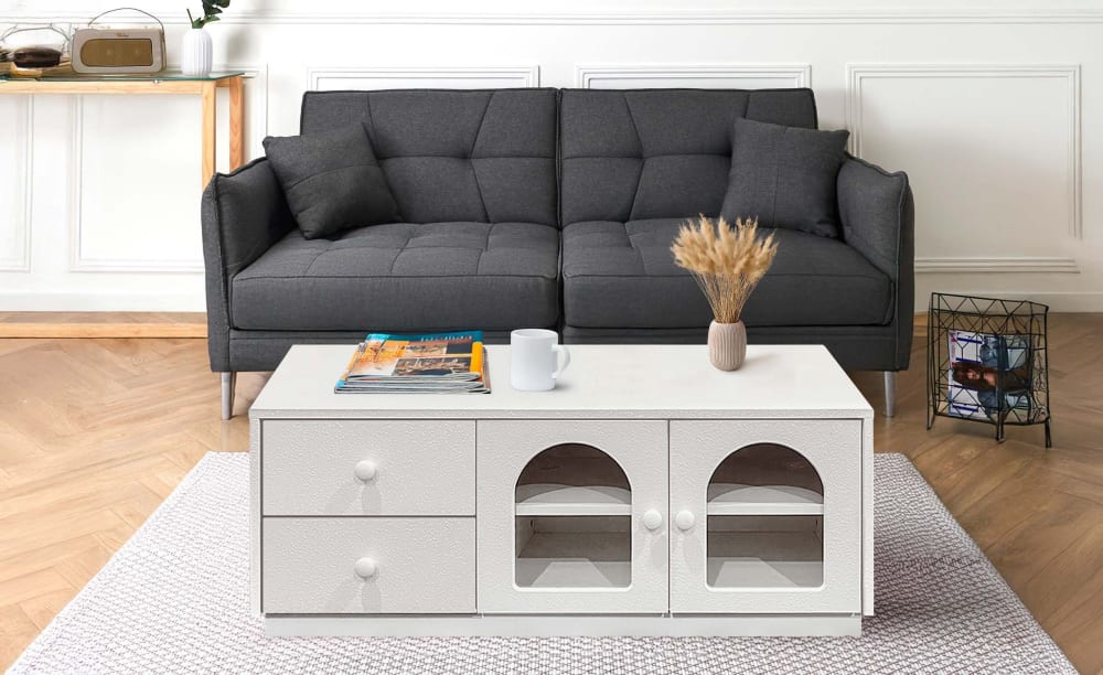 Table basse 60x100cm avec portes et tiroirs style naturel chic blanc