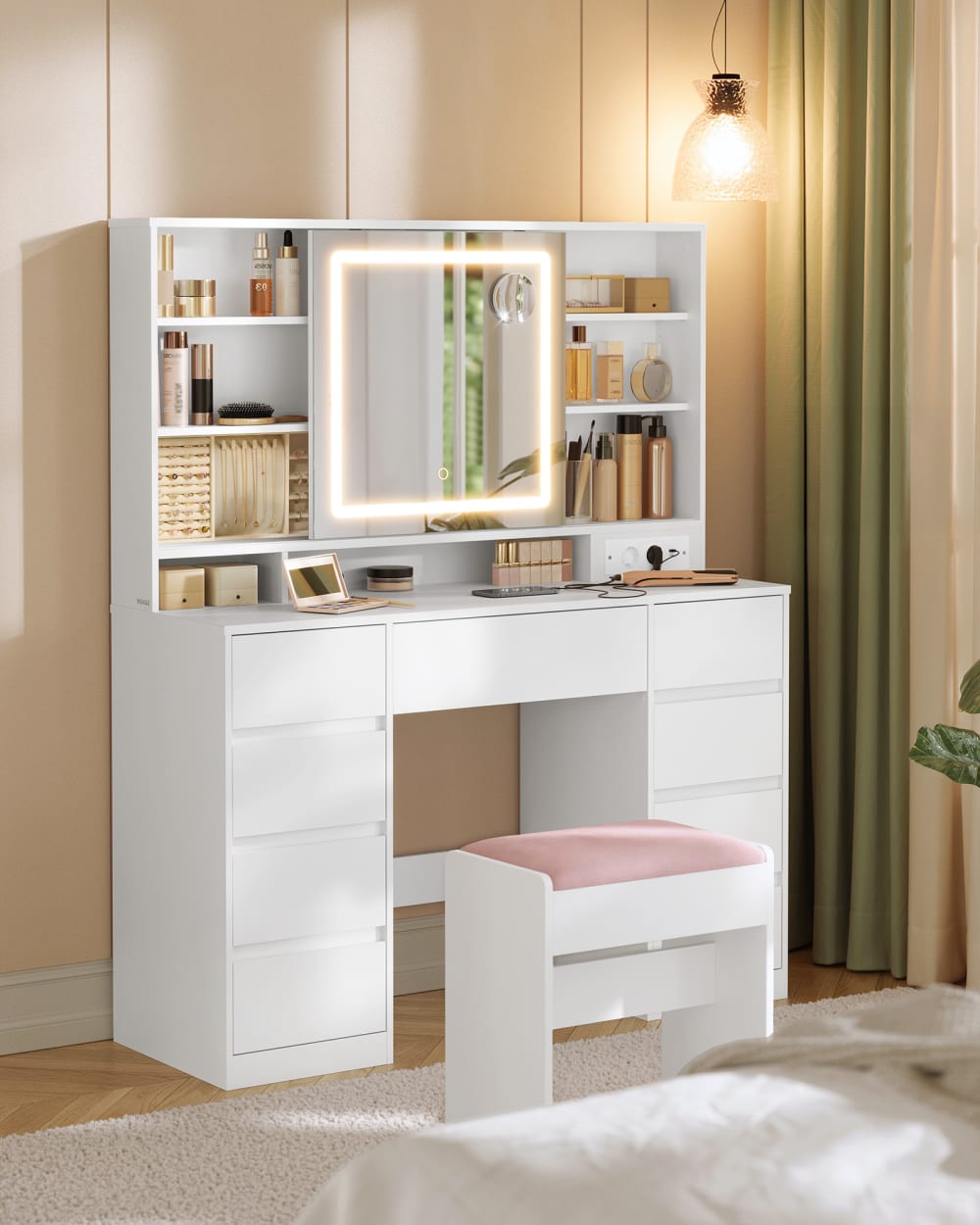 Coiffeuse 9 tiroirs tabouret loupe 10x éclairage 3 couleurs blanc