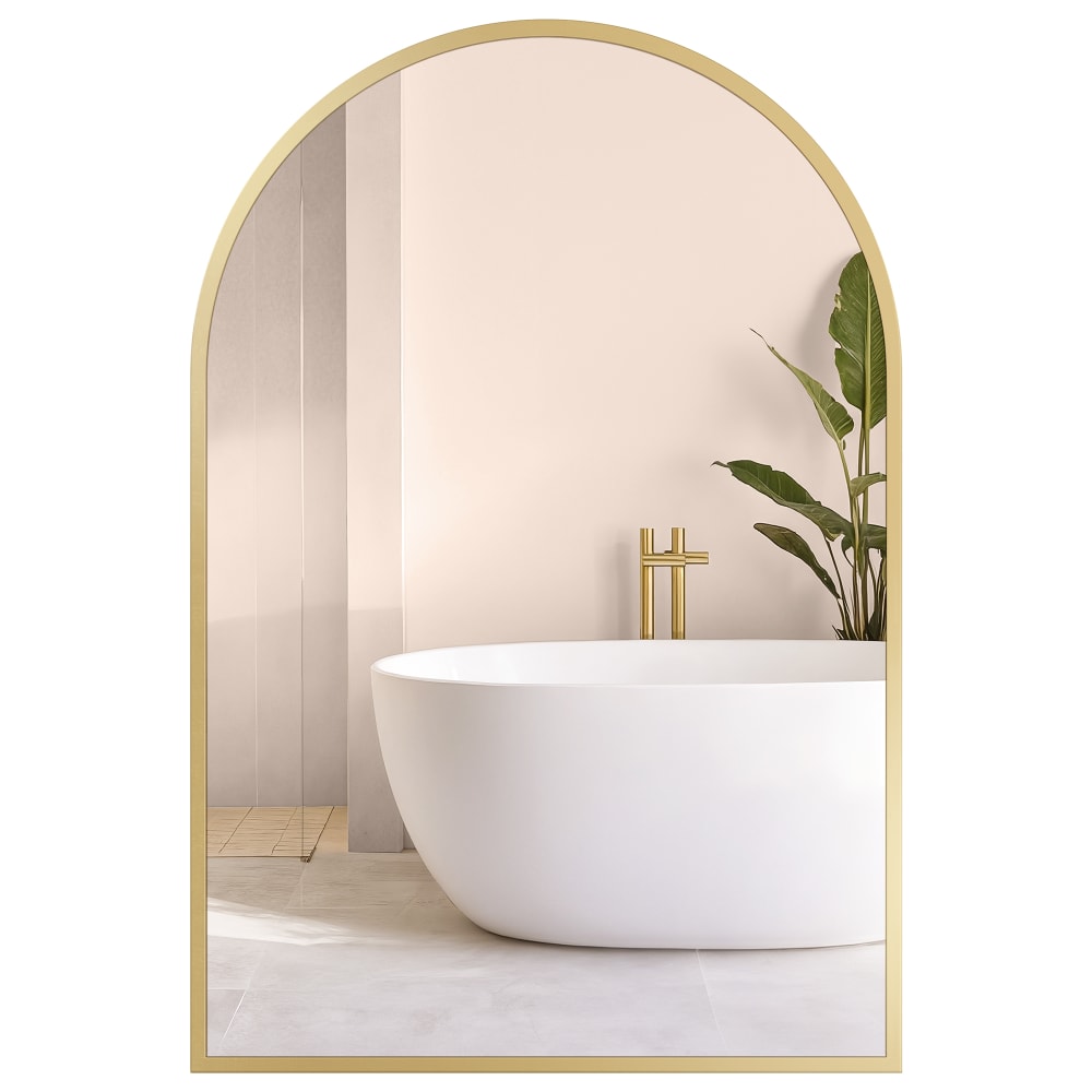 Miroir salle de bain mural arqué avec film de sécurité 91 x 61 cm doré