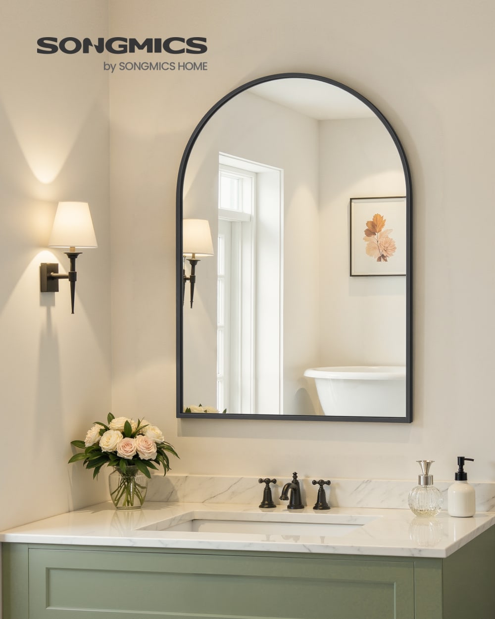 Miroir salle de bain mural en forme d'arche avec film 91 x 61 cm noir
