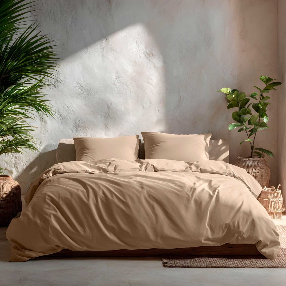 Housse de couette uni 100% coton grège 180x220 cm + 1 taie