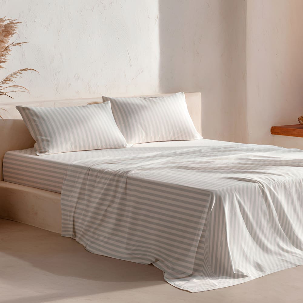 Parure de draps en 100% coton rayures vert d'eau 180x200 + (2)50x110cm