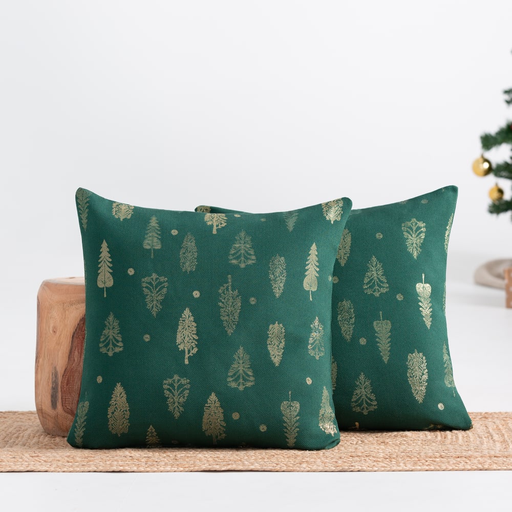 Lot de 2 housses de coussin de Noël en coton vert et or 45x45 cm — vue 3