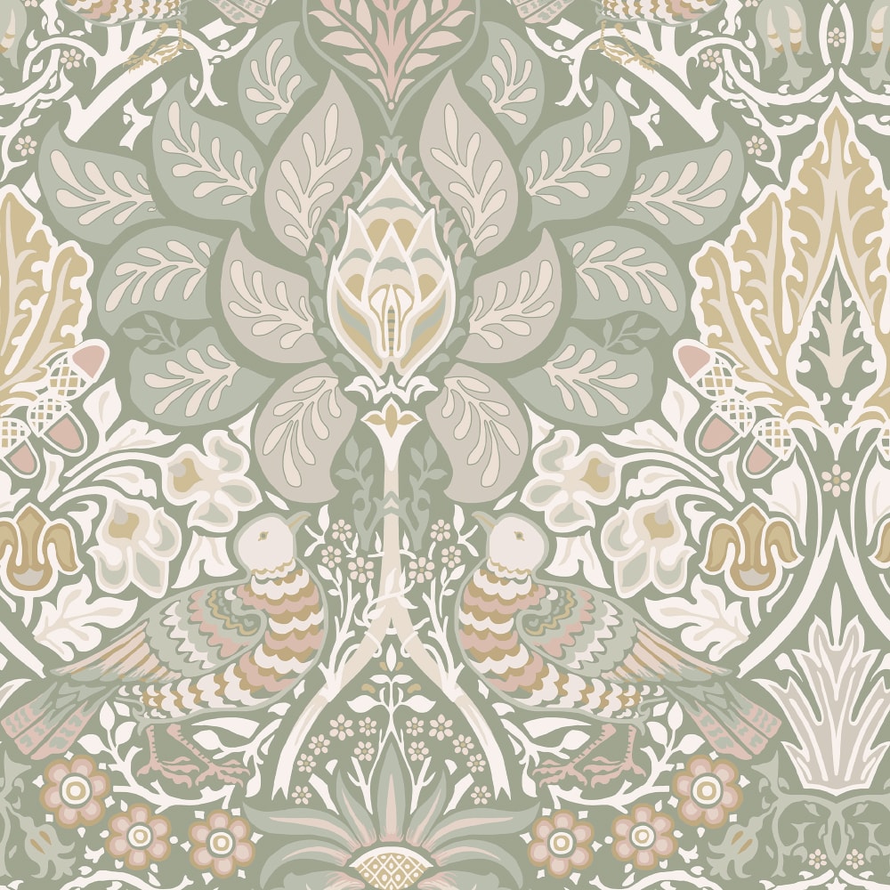 Papier peint doux colombes et rosiers vert beige 1005x52cm — vue 3