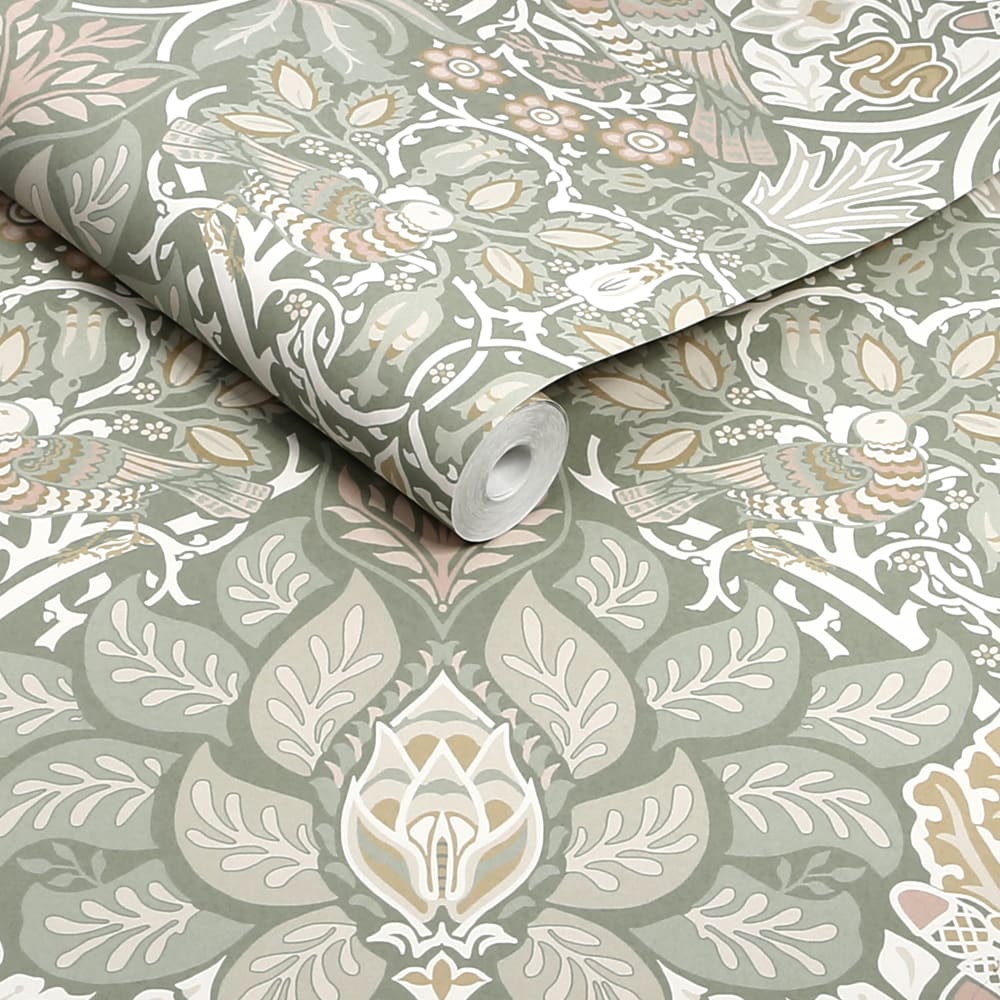 Papier peint doux colombes et rosiers vert beige 1005x52cm — vue 4