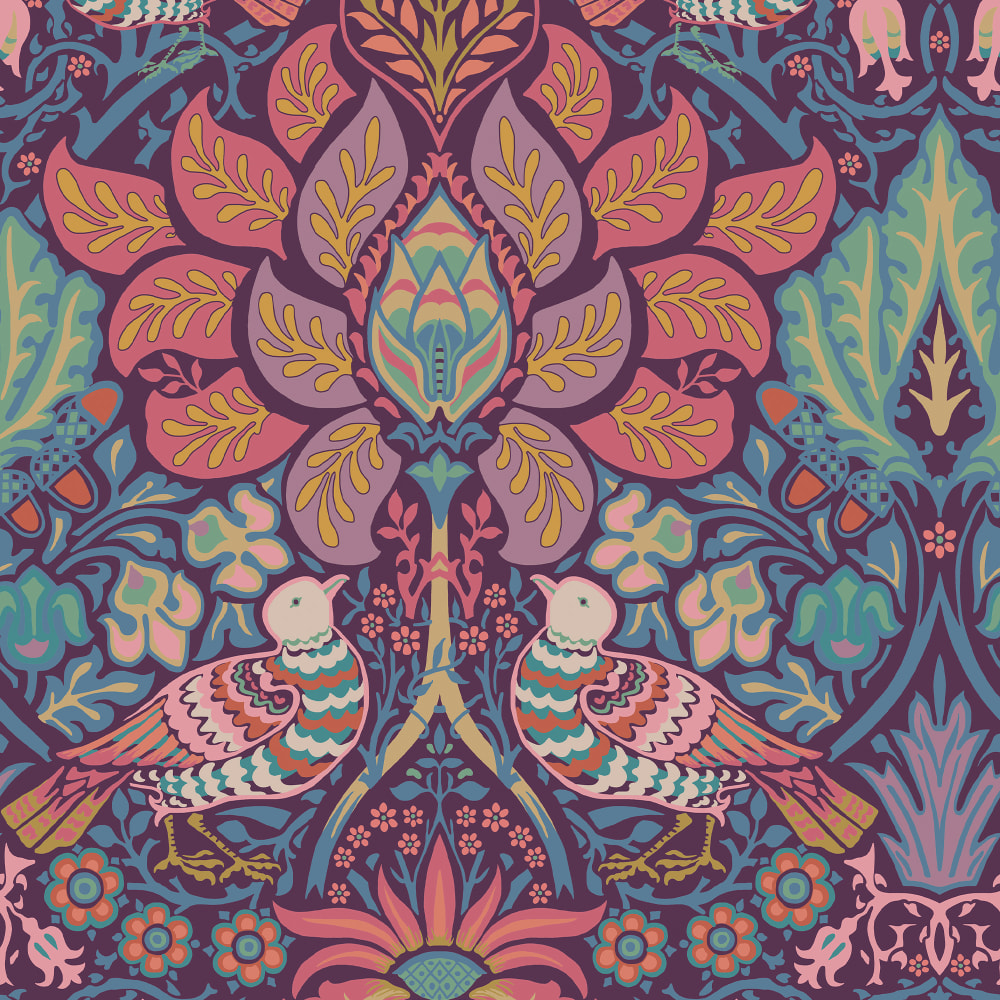 Papier peint colombes et rosiers violet 1005x52cm — vue 3