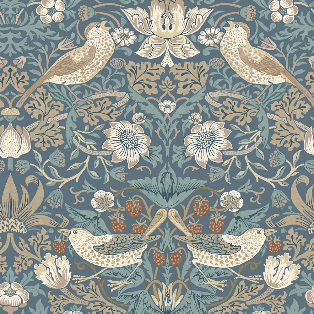 Papier peint fleurs de fraisier et grives bleu 1005x52cm — vue 3