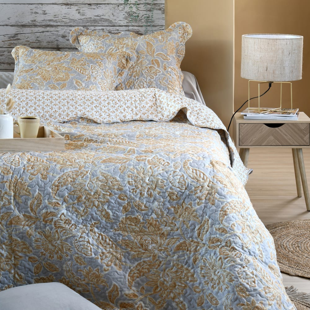 Couvre-lit avec taies d'oreiller motif perse polyester jaune moutarde