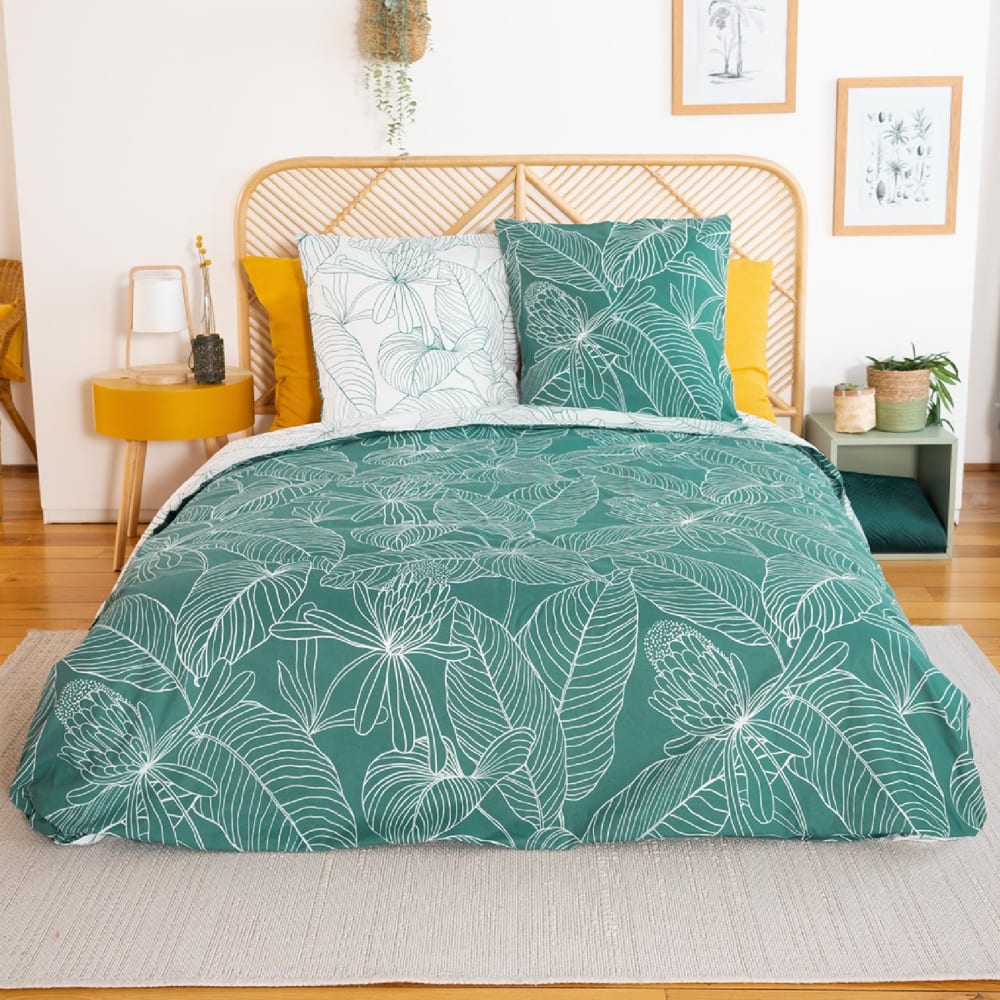 Parure réversible esprit exotique coton vert foncé 240x220 cm