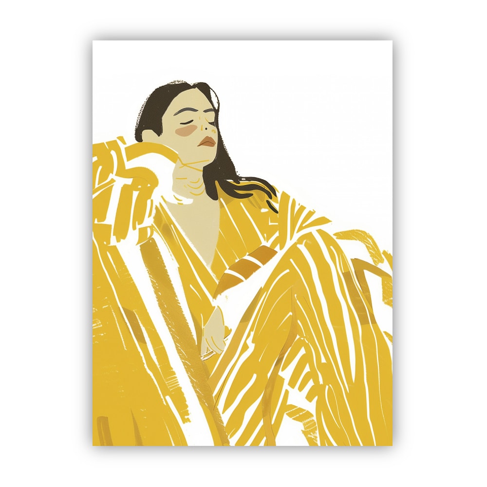POSTER LAB Eine schöne Frau, in Gelb gekleidet, mit verträumtem Blick und entspanntem Ausdruck. Die Illustration strahlt Frieden und Optimismus aus.