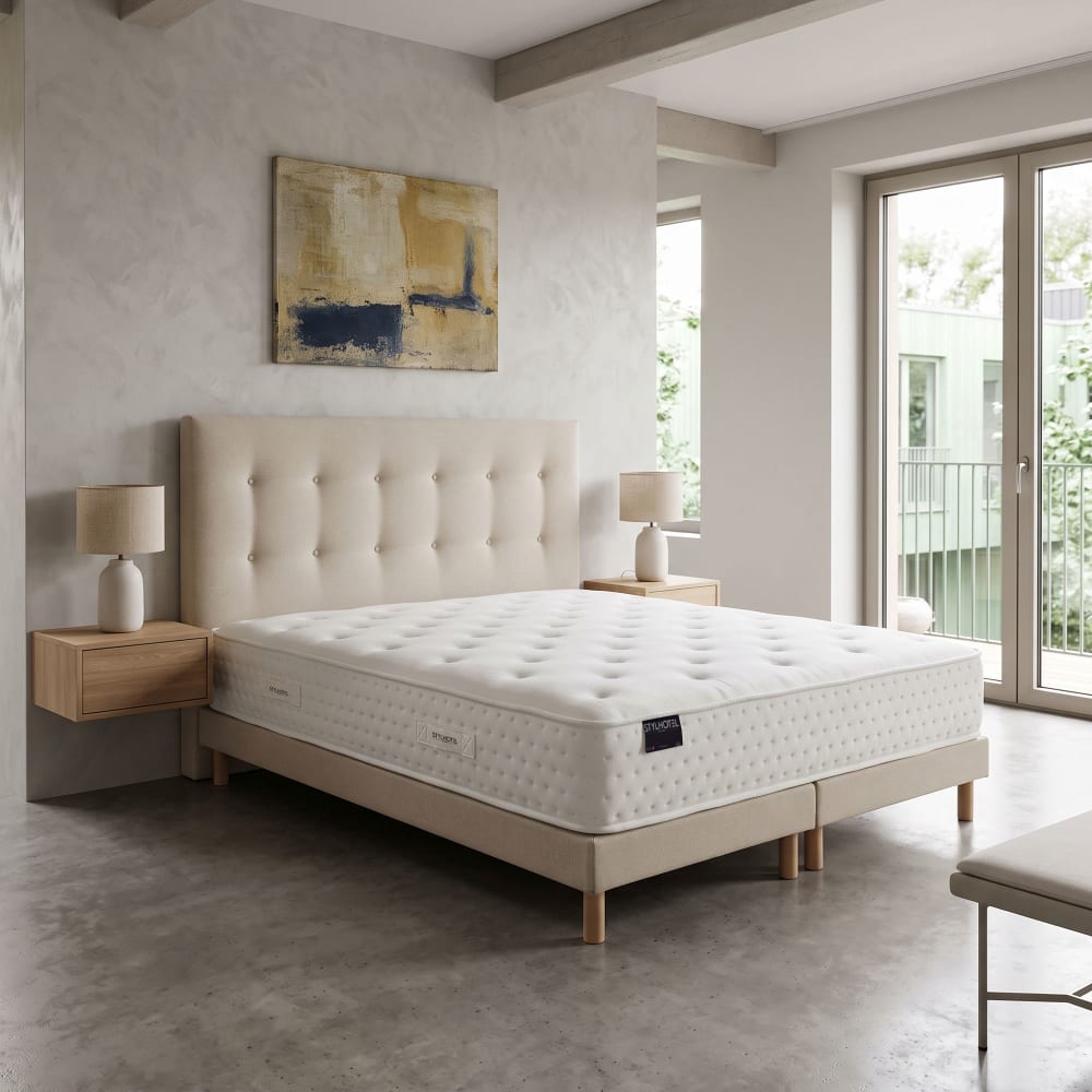Matelas hybride tudor 7 zones h 26 sommier tete de lit beige 2x80x200
