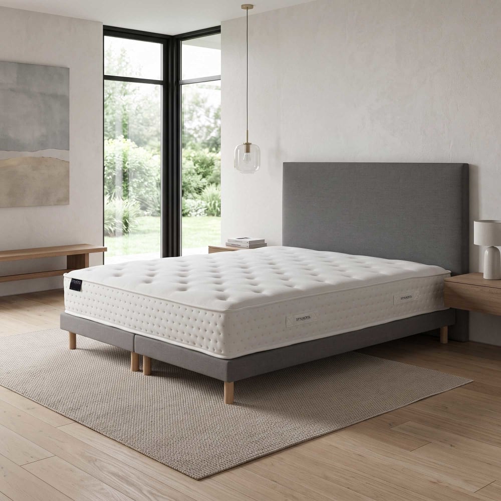 Matelas hybride 7 zones h 26 sommier tete de lit lisse gris 2x90x200