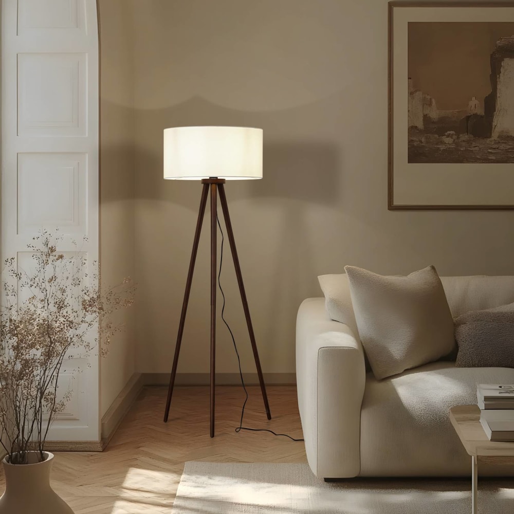 Stehlampe aus Textil, Holz dunkel, weiß - Maisons Du Monde