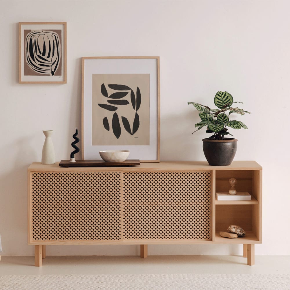 Buffet en bois massif verni couleur chêne 150 cm
