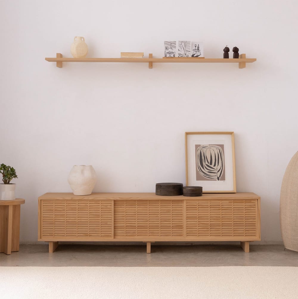 Meuble TV en bois de pin massif verni en couleur chêne  180 cm