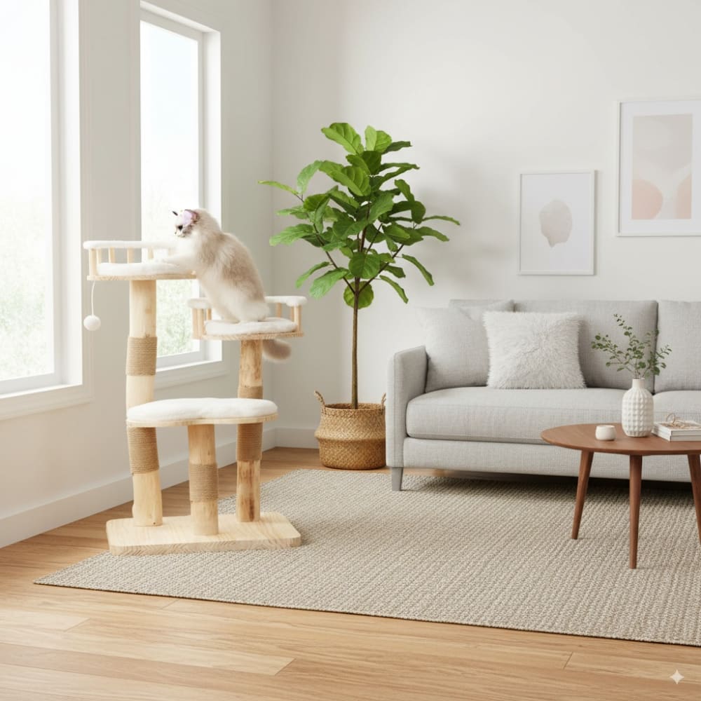 Arbre à chat design en bois foncé avec coussin