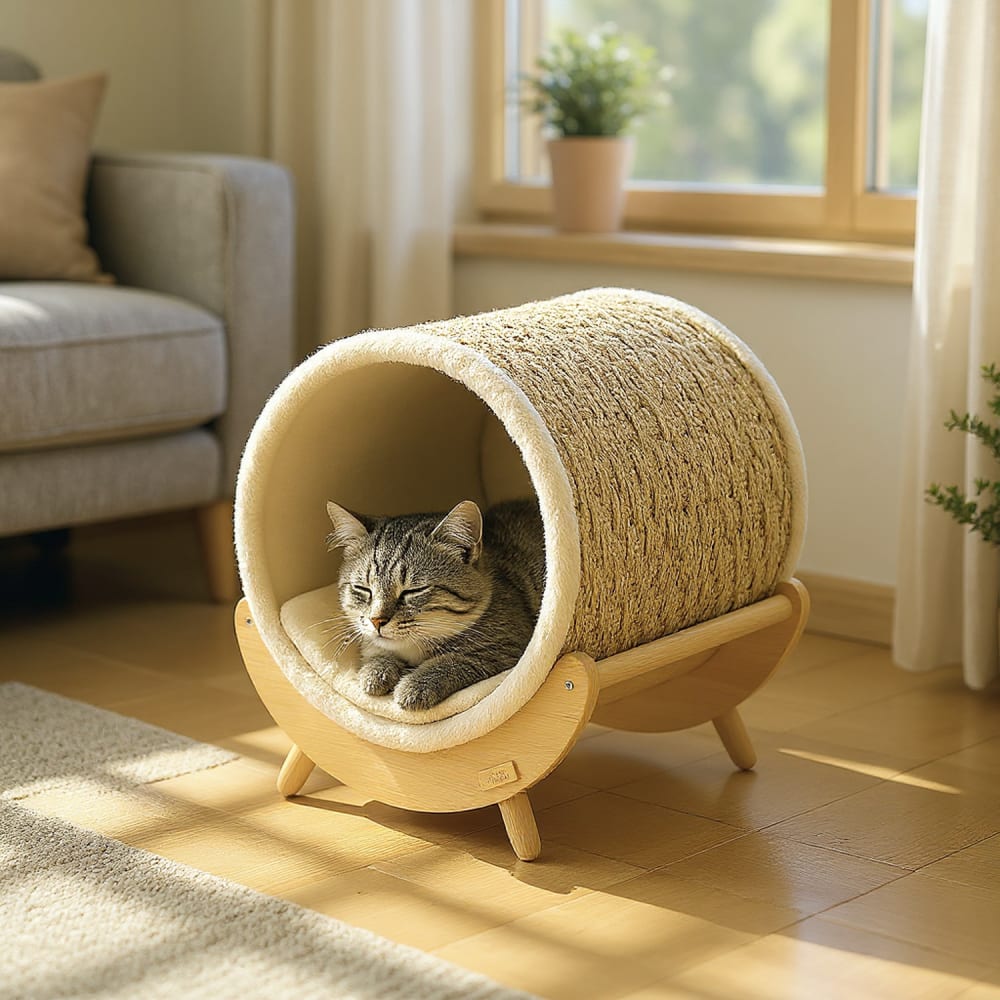 Panier pour chat, design en osier, coussin amovible, pied en bois