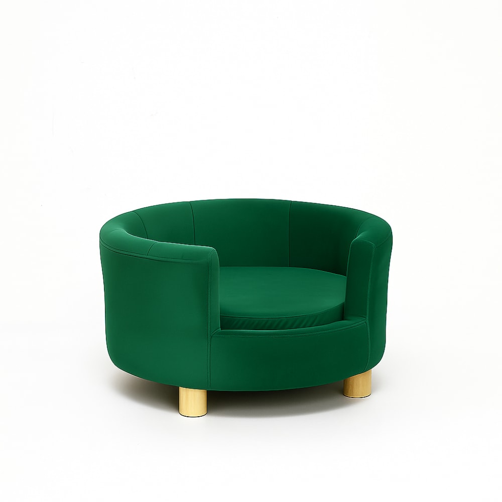 Canapé pour animal, tissu vert, avec coussin amovible et pieds en bois