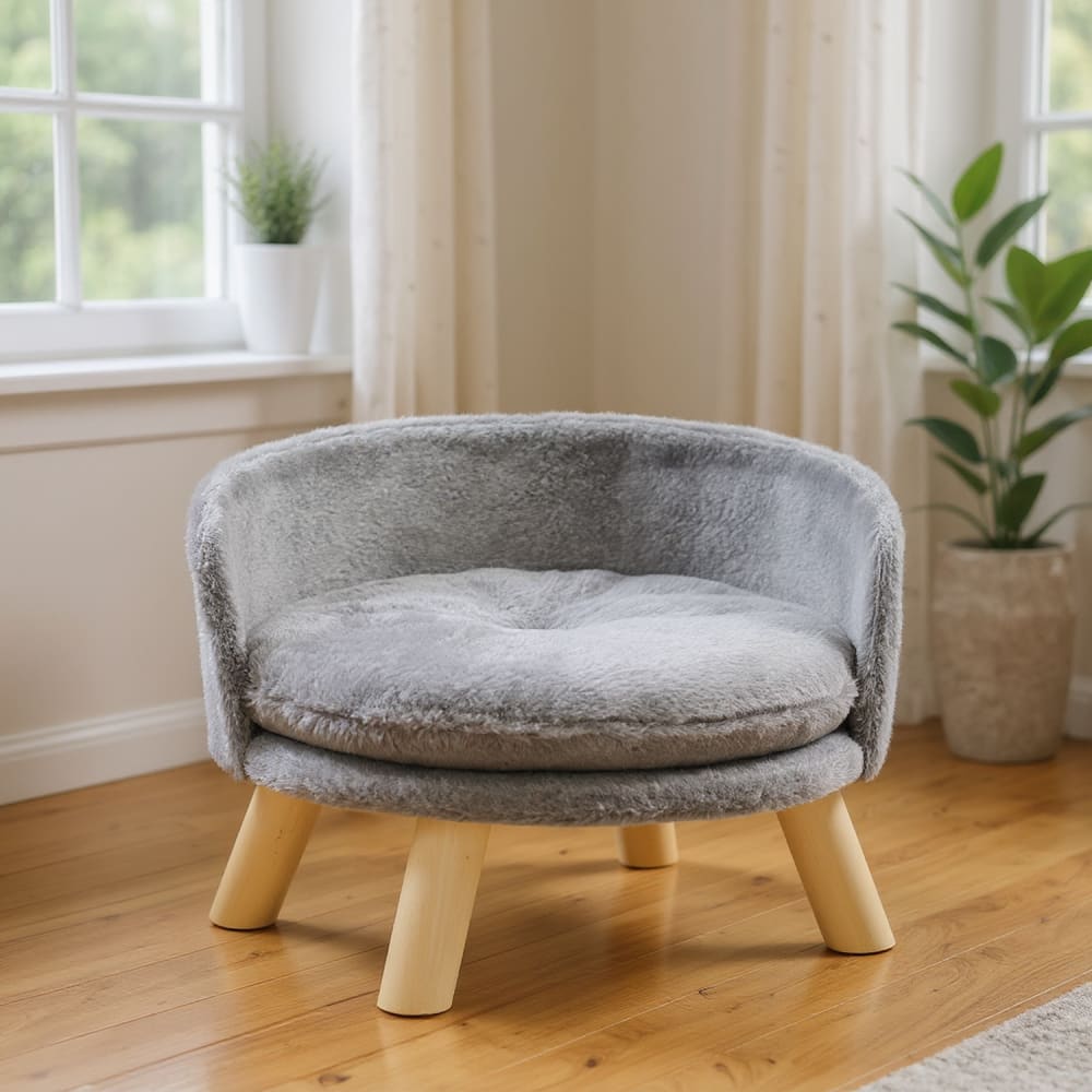 Canapé pour animal, tissu doux gris, coussin amovible et pieds en bois