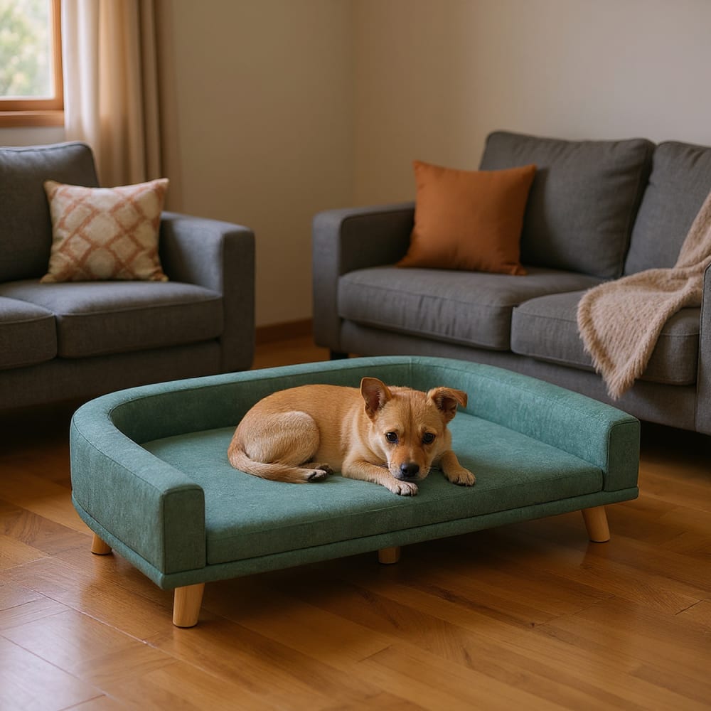 Canapé pour animaux, tissu vert, pieds en bois, coussin amovible