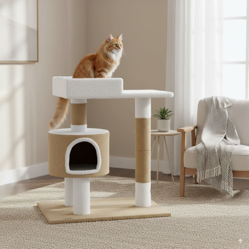 Arbre à chat en sisal et tissu avec niche et plateforme – 79 cm