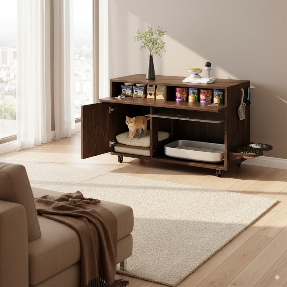 Meuble cache litière bois foncé avec rangement et gamelle intégrée