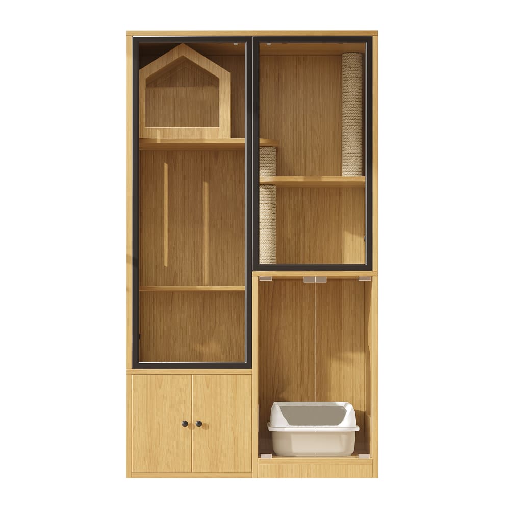 Armoire pour chats en bois avec portes vitrées et griffoirs