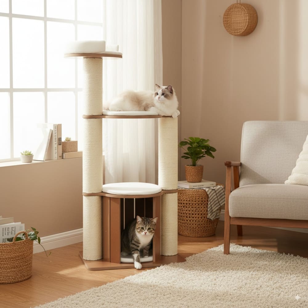 Arbre à chat design en bois foncé avec coussin