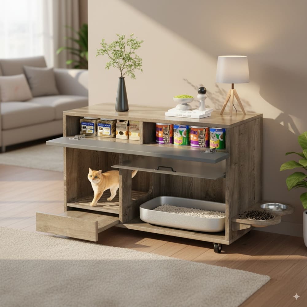 Meuble cache litière bois foncé avec rangement et gamelle intégrée