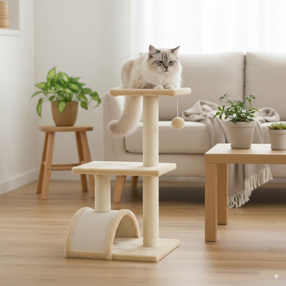 Arbre à chat compact en peluche beige avec griffoir et jouet