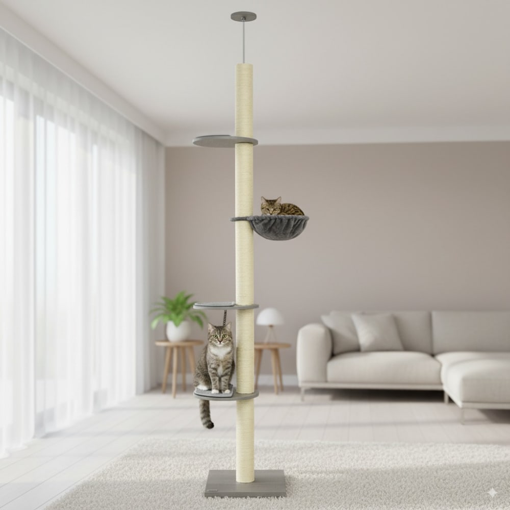 Arbre à chat réglable en sisal avec plateformes et hamac – 230-250 cm