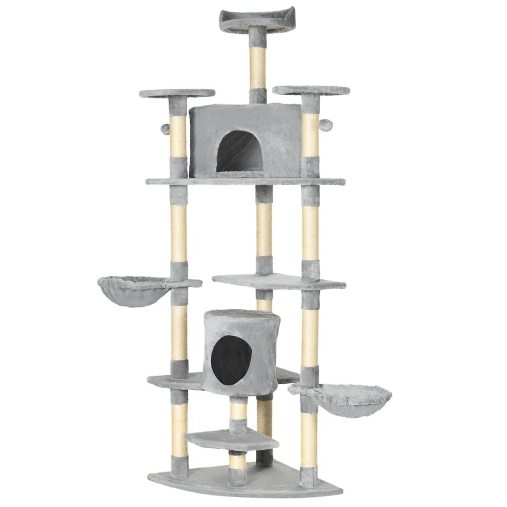 Urban Cocon Großer Plüsch-Kratzbaum mit Sisalstämmen, Höhlen & Hängematten style modern Grau Holz